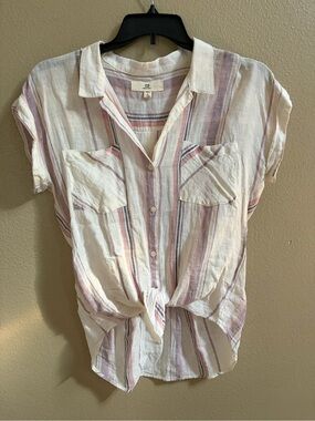 Thread & Supply White Button-Front Tie Shirt with Pink & Gray Stripes
